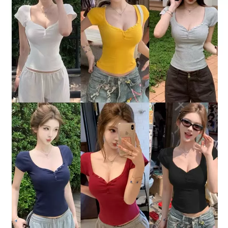 新款人棉260克桃心领修身t恤春夏短袖上衣显瘦气质背心带胸垫上衣