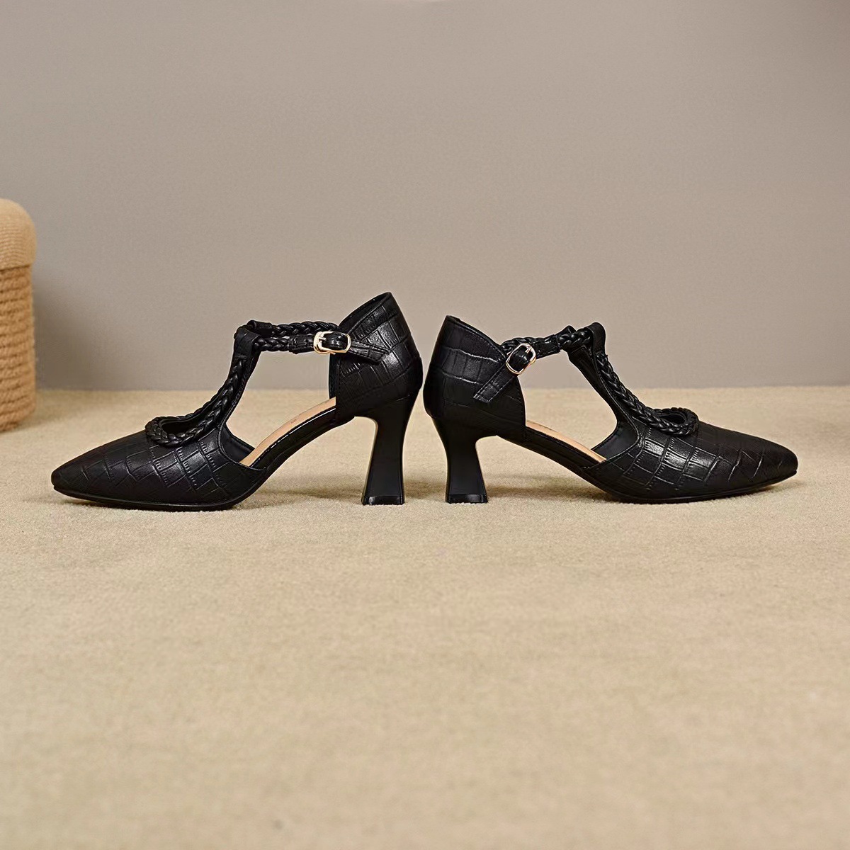 Sandal cao gót nữ mũi nhọn quai ngang da thật gót 5 cm — Đen-5CM chi tiết 4