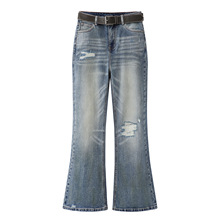 现货2025冬新品女装设计师款复古腰带磨损牛仔喇叭裤91302037