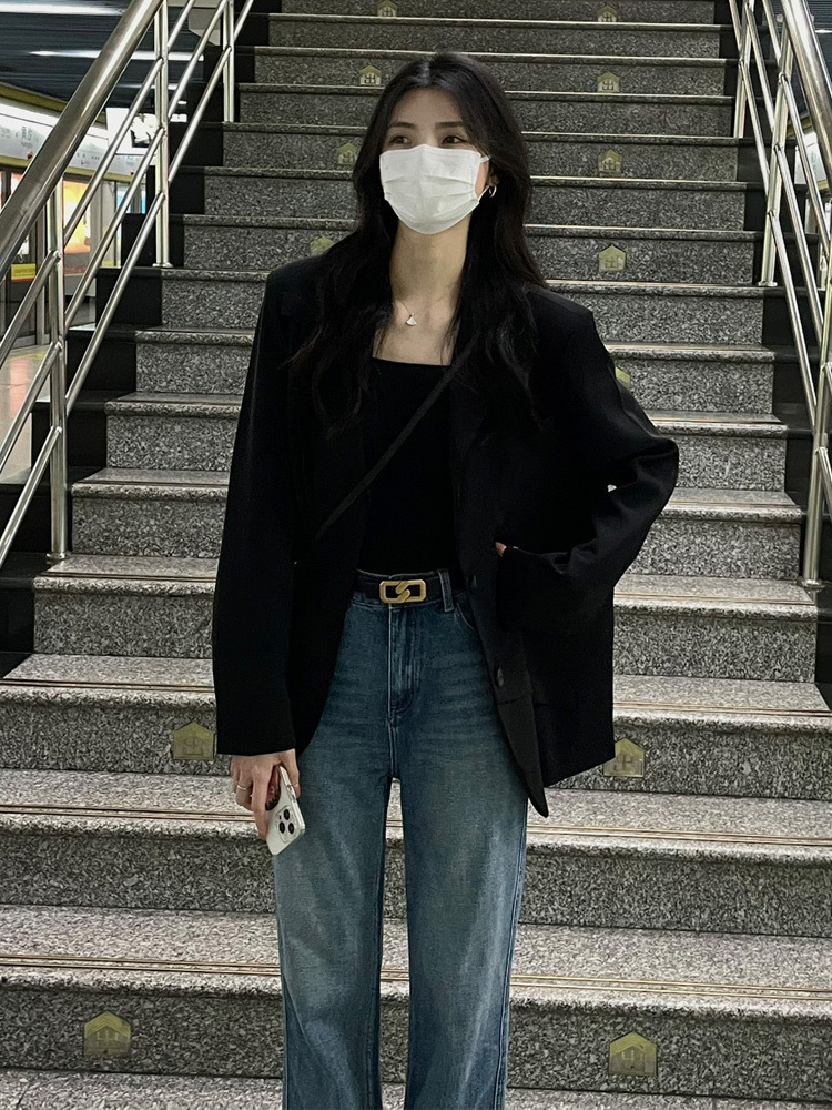 Ovsize Black Suit Jacket Women's 2025 Autumn High-End Small Loose Elegant Preppy Style Suit
