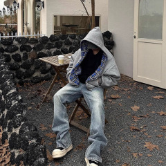 欧美跨境秋冬美式复古格子做旧纹理开衫拼接时尚潮流男女同款卫衣