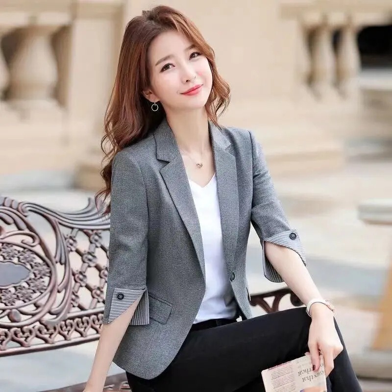 Small Suit Linen Jacket Women's New Korean Style Small Three-Quarter Sleeve Thin Professional Fit Fashionable Elegant Suit Small Suit Linen Jacket Women's New Korean Style Small Three-Quarter Sleeve Thin Professional Fit Fashionable Elegant Suit