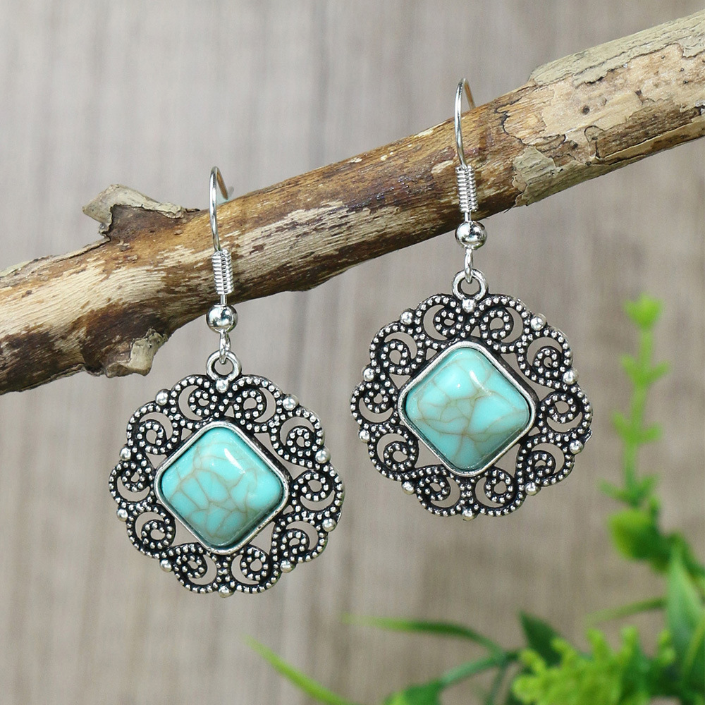 14g Weight Vacuum Plating Gold Plating Process Alloy Ear Needle Material Drop Earrings Classification 1 Pair Quantity Casual Occasion Alloy, turquoise Material Water Droplets Pattern Women's Gender Plating Design Retro Style 1 Pair Retro Water Droplets Plating Alloy Turquoise Drop Earrings 3