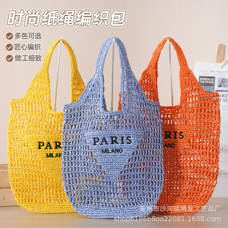 New Crochet Knitted Bag Hollow Out Candy Color Ins Straw Knitted Bag Seaside Beach Holiday Shoulder Girl's Handbag