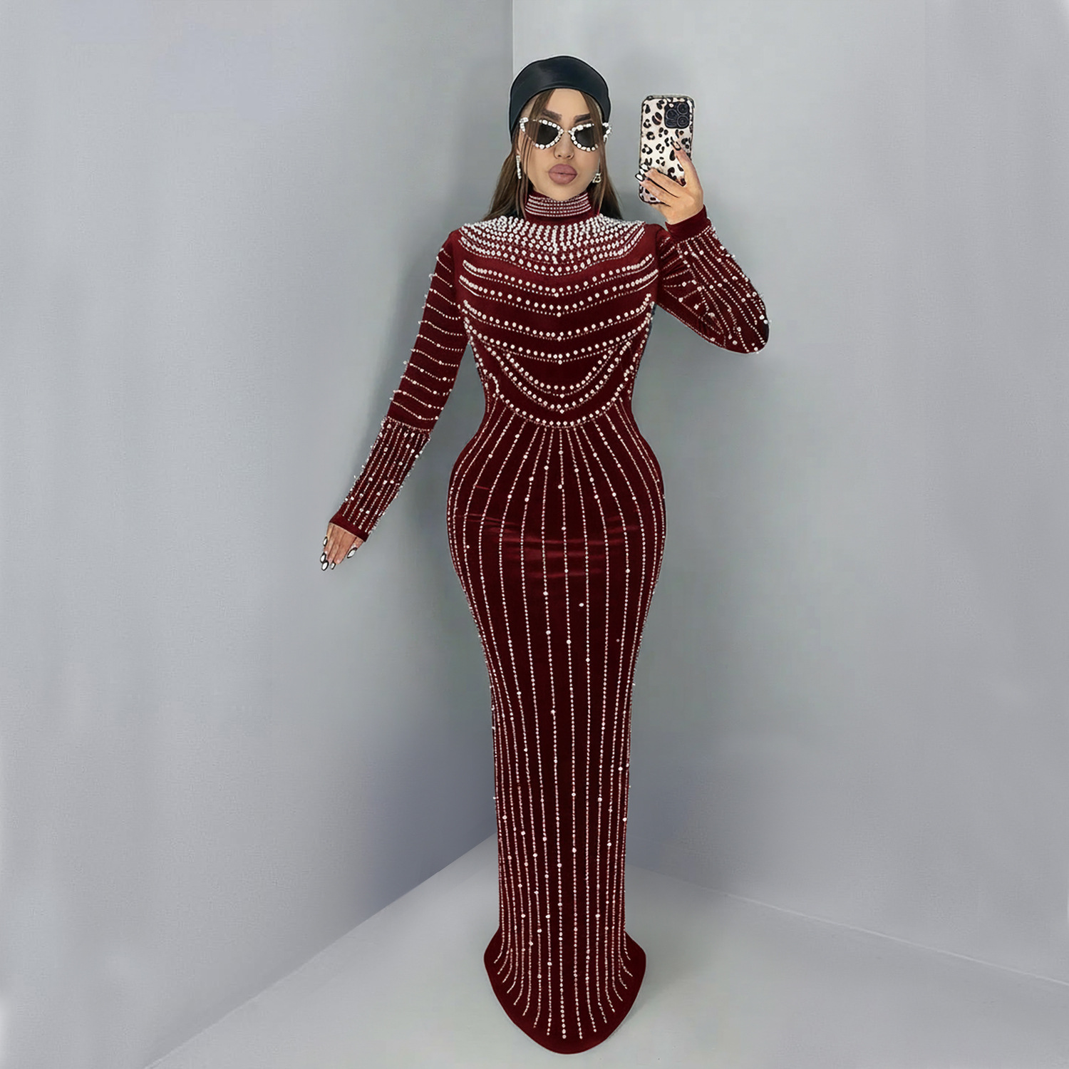 C7617 Aliexpress transfronterizo Amazon Europa y América de moda de mujer temperamento elegante de seda de diamante vestido de manga larga image 5