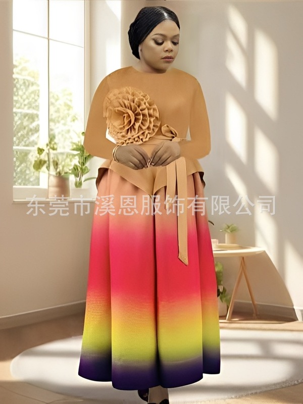Miayki三宅跨境时尚立体花朵不规则渐变色半身长裙两件套装大码女|undefined