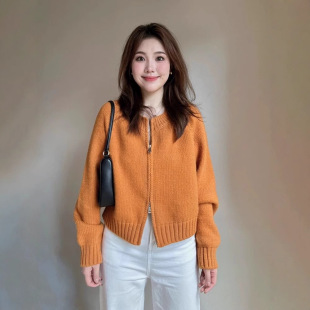 plus size Dopamine Orange Korean Style Double Zipper Knitted Cardigan Jacket Women's Autumn and Winter Wear Lazy Style Soft Waxy Sweater