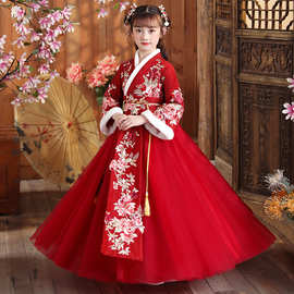 儿童古风汉服女童超仙古装加绒加厚襦裙中国风宝宝唐装拜年服春季