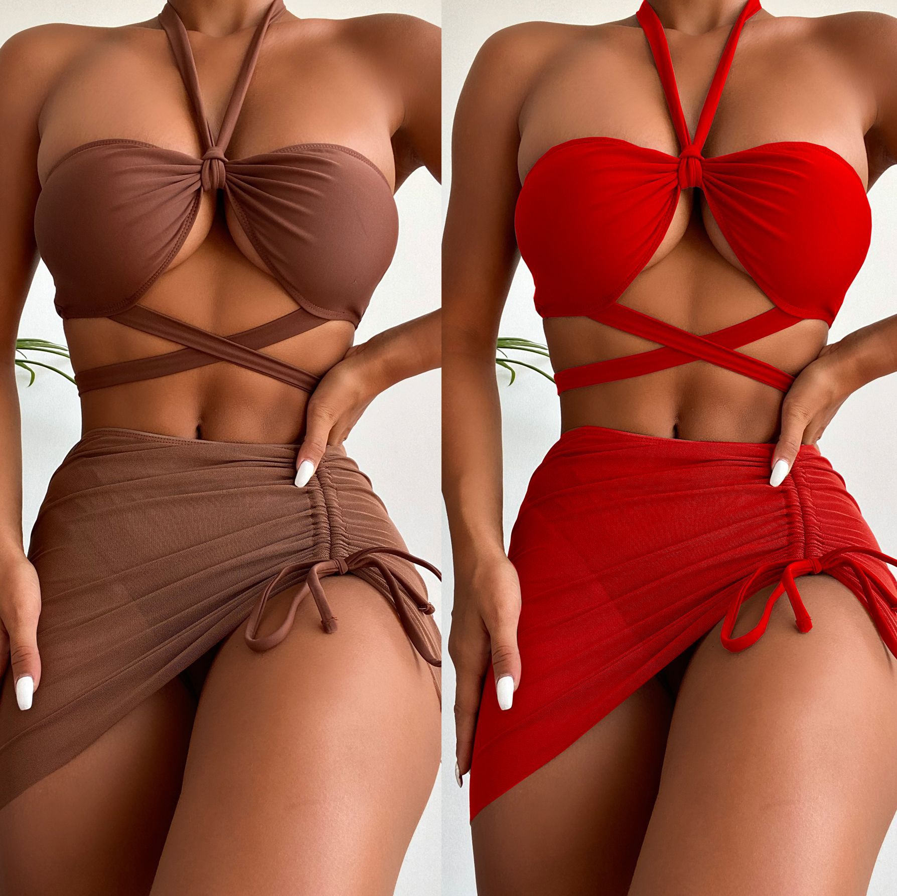 hanging neck lace-up drawstring solid color bikini three-piece set NSCMB117115