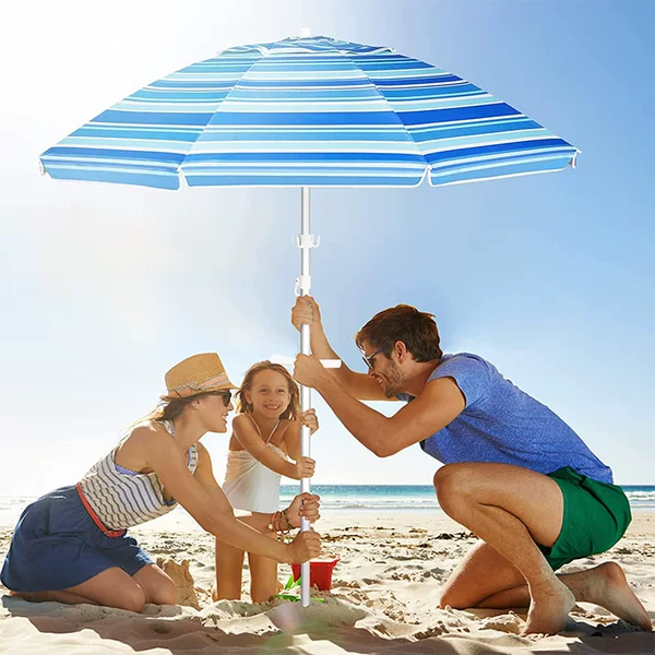 Cross-border Amazon Striped Beach Umbrella Aluminum Alloy Rod with Wrench Double Layer UV Oxford Silver Tape Spiral Insert