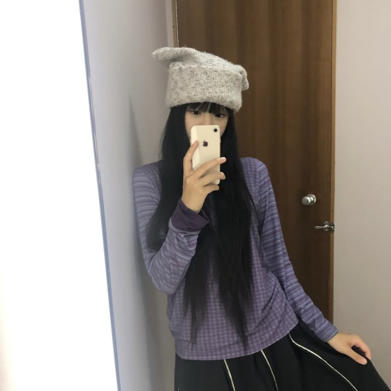 Striped Plaid Color-Blocked Long-Sleeve T-Shirt with Stretch Base Layer Top