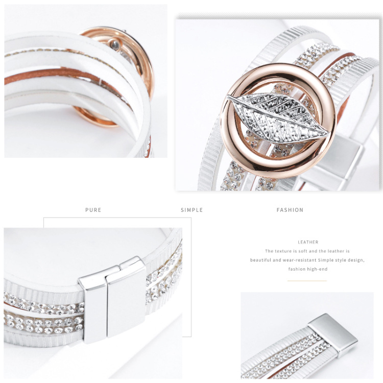 Bohemian Multilayer Hot Rhinestone Leaf Leather Bracelet