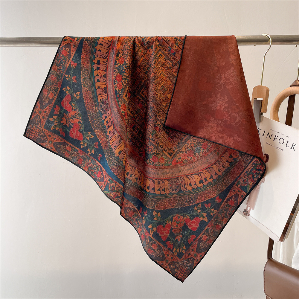Printed Square Silk Scarf Elegant Chinese Style Shawl_voghion.com