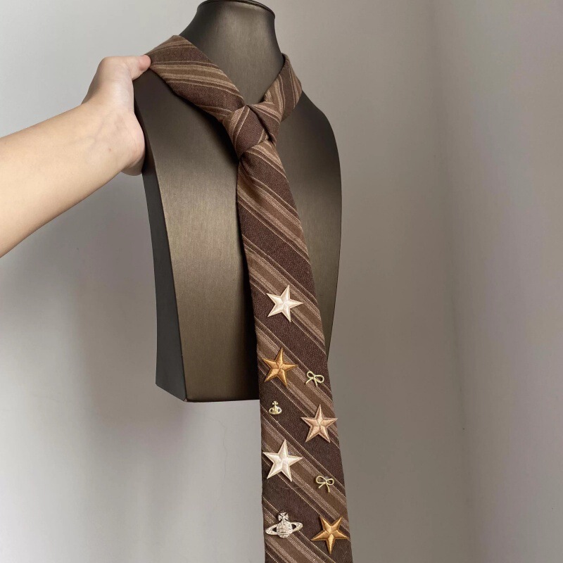 Handmade Creative Vintage Brown Twill Star Tie for Women, Retro College Style Scarf Accessory Trend