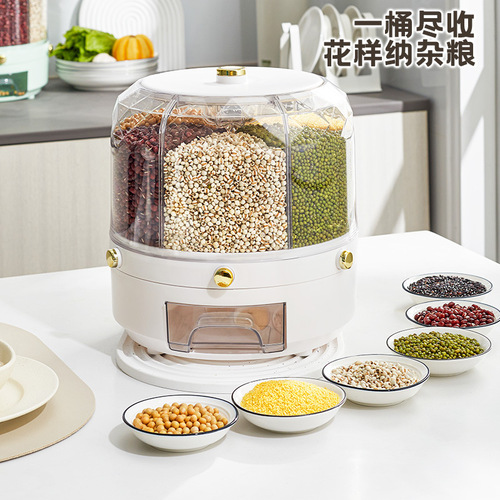 Food-grade anti-dust and moisture-sealed rotating storage bin for rice, grains, and mixed seeds, suitable for household use as a rice storage box or jar