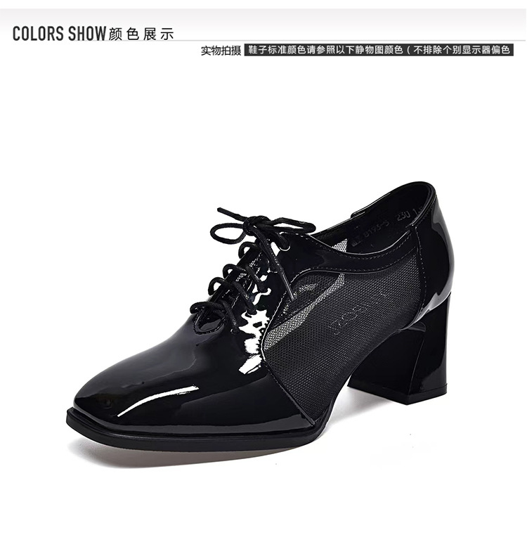 Giày sandal cao gót nữ mũi vuông gót dày da bóng thoáng khí — Màu đen chi tiết 10