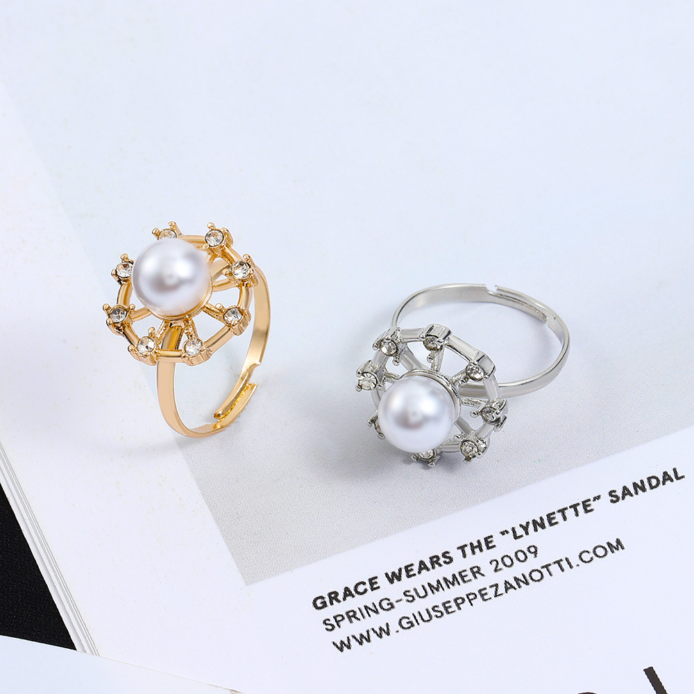 Fashion Flower Copper Inlay Artificial Diamond Pearl Rings 1 Piece
