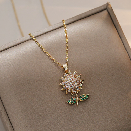Necklace for women fashionable full of zirconium rotating sunflower flowers light luxury temperament zircon ins internet celebrity retro titanium steel necklace