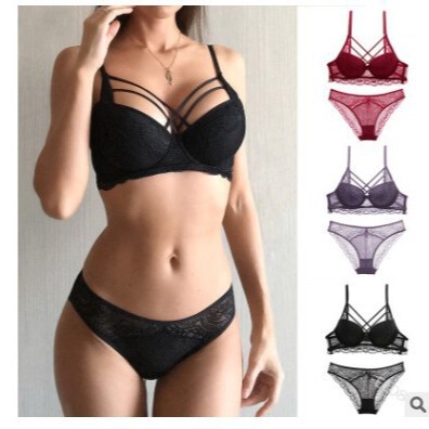Foreign Trade Push-Up Bra Pure Color Transparent Temptation Cut Out Sexy Lace Strap Split Women's Briefs Intimates Set