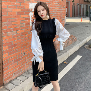 2021 early spring waist show thin temperament small fragrant lotus leaf edge black and white stitching Lantern Sleeve la