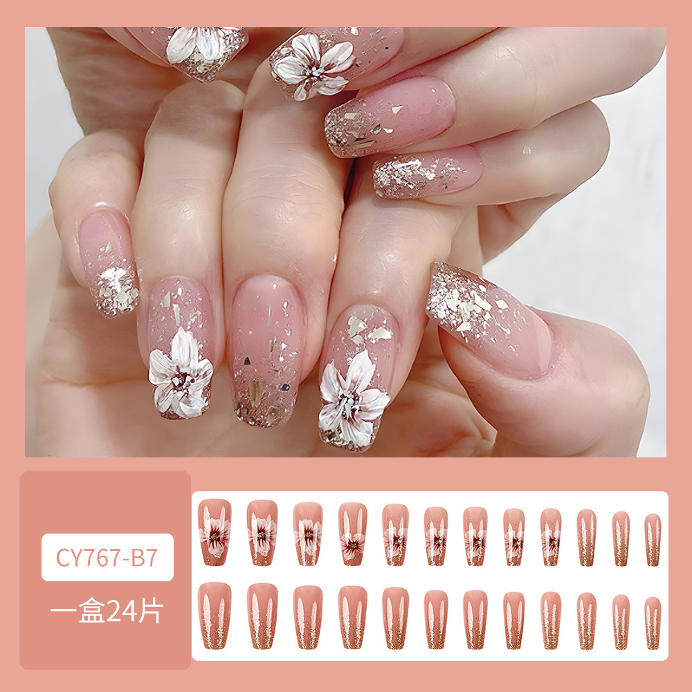24 piezas de uñas en polvo de brillo dorado, parche de uñas de venta caliente dulce y elegante, armadura de ropa larga de moda de venta caliente