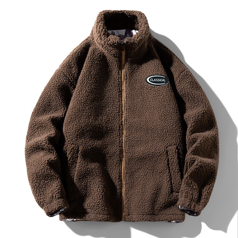 Standing Collar Granular Lamb Fleece New Loose and Handsome Men's Winter Coat Fashion Brand Jacket_voghion.com
