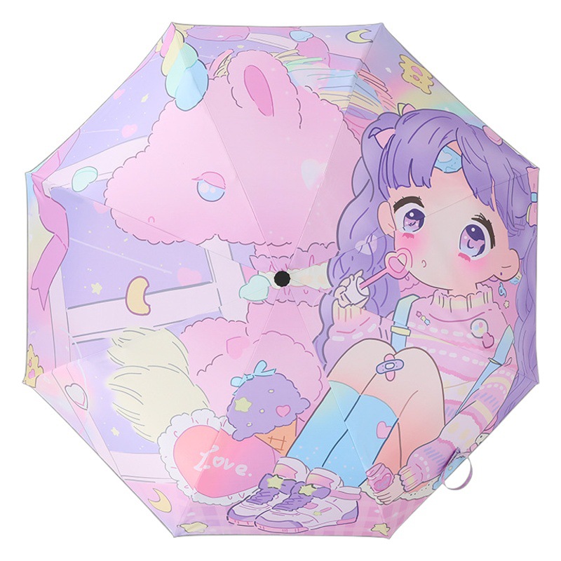 Dibujos animados conveniente automático anti-rebote niños paraguas plegable vinilo reflectante tira primaria Escuela niños paraguas