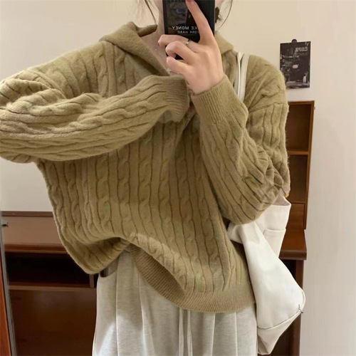 KANING Retro Crochet Hooded Sweater for Women 2025 Autumn Winter Korean Style Leisure Loose Knitted Top