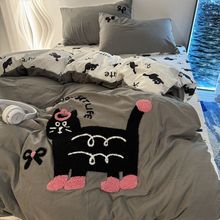 YW卡通款猫咪刺绣床上四件套ins水洗棉可裸睡床单被套学生床三件