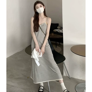 2024年夏季新款条纹无袖裙子针织吊带连衣裙女装气质显瘦背心长裙