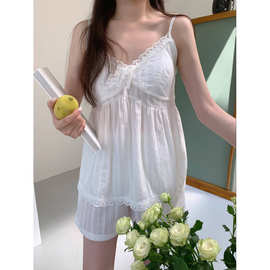韩国ins夏季INS韩系棉家居服吊带套装带胸垫
