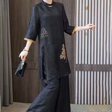 妈妈洋气套装套女装新款中国风旗袍阔腿裤真丝香云纱欧美秋季两件