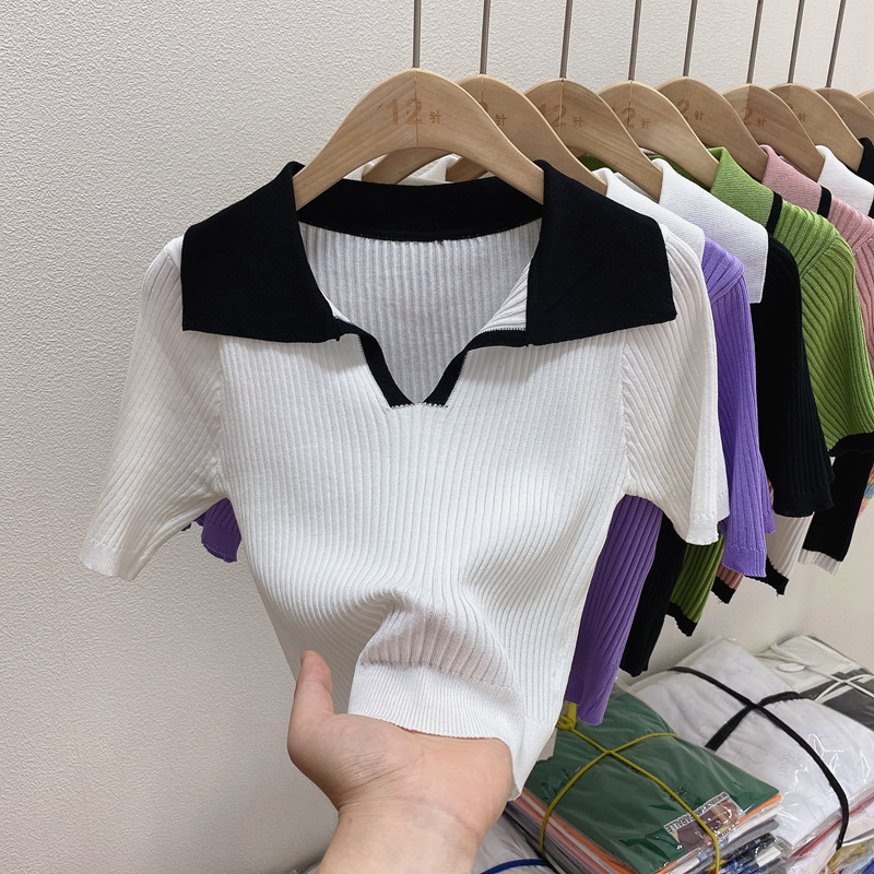 Color-Blocked Polo Collar Short-Sleeve T-Shirt for Women, Short Style, Elegant Ice Silk Ribbed Slim Fit Turn-Down Collar Knit Top for Summer Color-Blocked Polo Collar Short-Sleeve T-Shirt for Women, Short Style, Elegant Ice Silk Ribbed Slim Fit Turn-Down Collar Knit Top for Summer