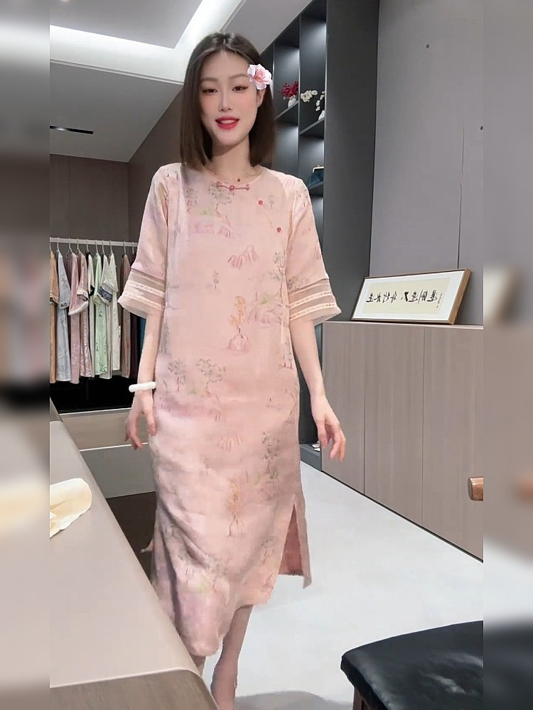 Đầm maxi nữ thắt eo phong cách Trung Hoa mới FLB5036 — Váy hồng phong cách Trung Hoa mới chi tiết 6