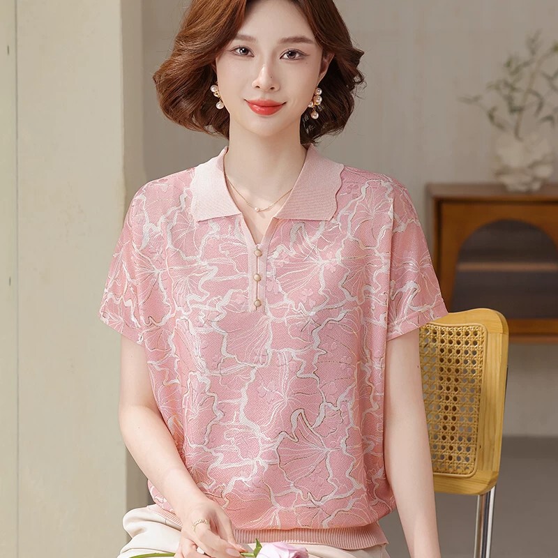 Mother's Day Summer Ice Silk Short-Sleeve 2026 New Style Polo T-Shirt for Middle-Aged and Elderly Women Summer Top Mother's Day Summer Ice Silk Short-Sleeve 2026 New Style Polo T-Shirt for Middle-Aged and Elderly Women Summer Top