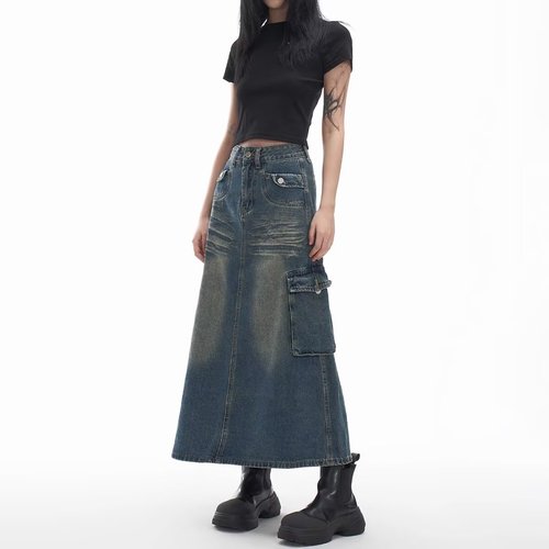 American Retro Workwear Semi-Skirt for Women 2025 Spring, Multi-Pocket High-Waisted Slimming A-Line Medium Length Umbrella Skirt