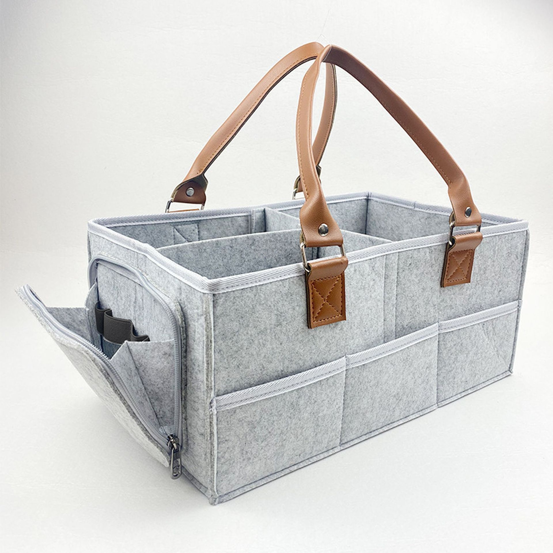 그레이 가죽 사이드 포켓 지퍼 33×23×18cm