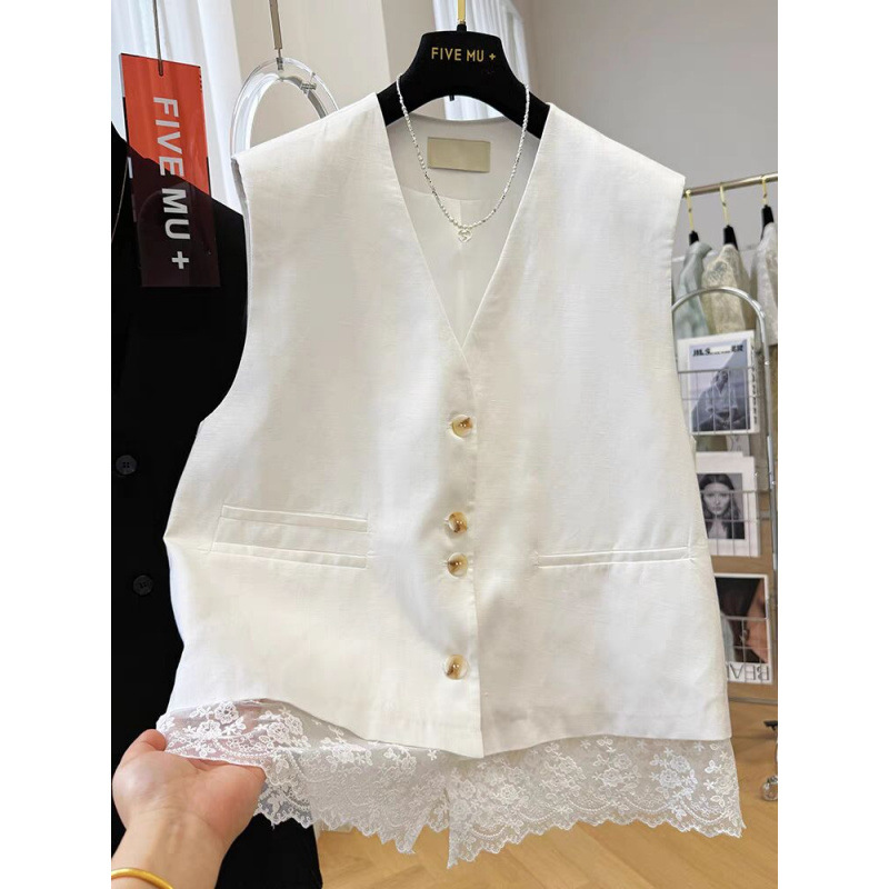 Linen Lace Stitching V Neck Casual Suit Vest Vest Jacket Women's 2025 Summer Fashion Sleeveless Top
