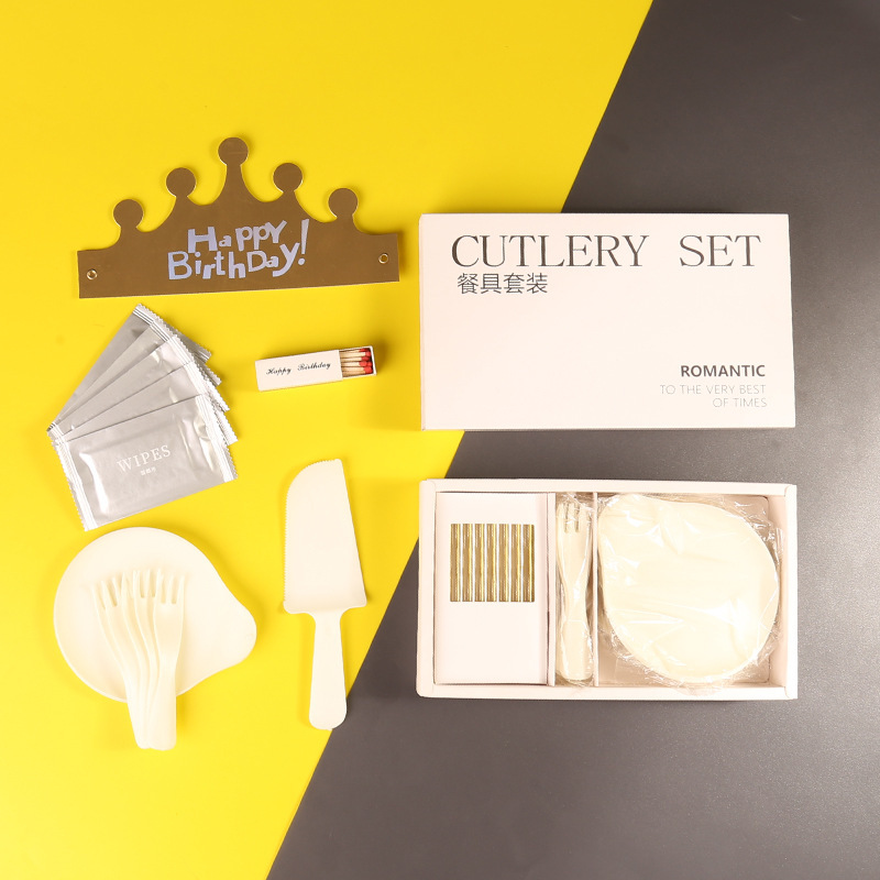 Birthday Cake Plate Disposable Paper Plate Knife and Fork Set High-grade Water Drop Plate Candle Hat Tableware Gift Box