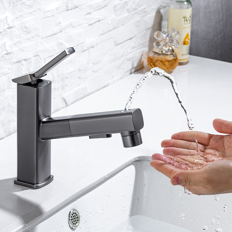 Gun Gray Bathroom Washbasin Faucet Pull-Out Rotating Bathroom Counter Basin Faucet Three-Mode Water Outlet