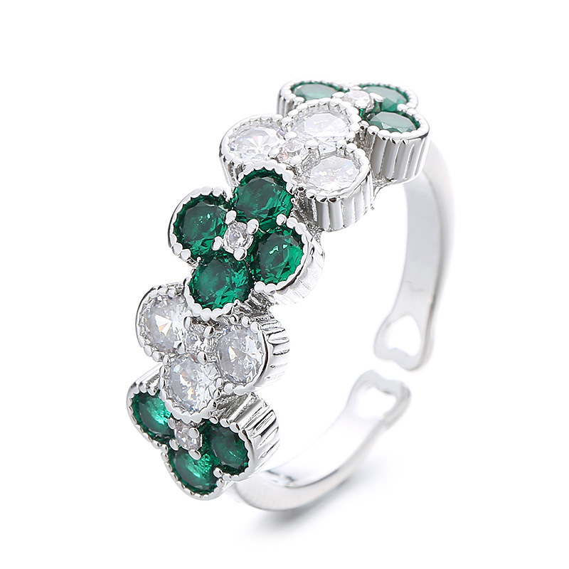 Anillo trébol 4 hojas vintage, estilo palacio, circonita verde esmeralda, ajustable