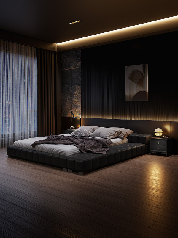 Italian Minimalist Tatami Genuine Leather Bed Internet Celebrity Luxury Master Bedroom Large Bed 1.8m Double Bed 2025 New Black Bed