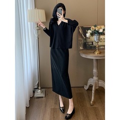 高級感着着ファッションスーツ女性2025朝秋vネック長袖上着半身スカートロングスカート2点セット