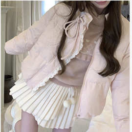 甜美可爱蝴蝶结刺绣粉色棉服女2025冬季新款小个子短款面包服女装