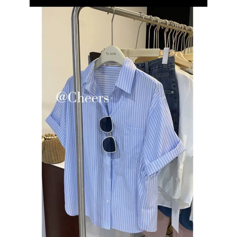 蓝色条纹短袖衬衫男女夏季别致小衫polo领棉透气潮