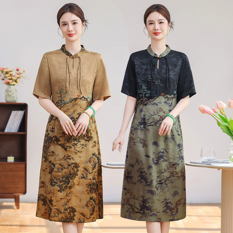 Новое элегантное платье-чонсам в стиле шинуазри для женщин среднего и старшего возраста, лето 2025, ретро-принт, комбинированное