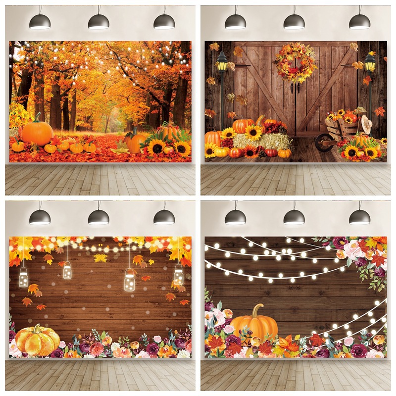厂家销售秋季南瓜木板灯感恩节写真摄影背景布影楼道具批发5x3ft
