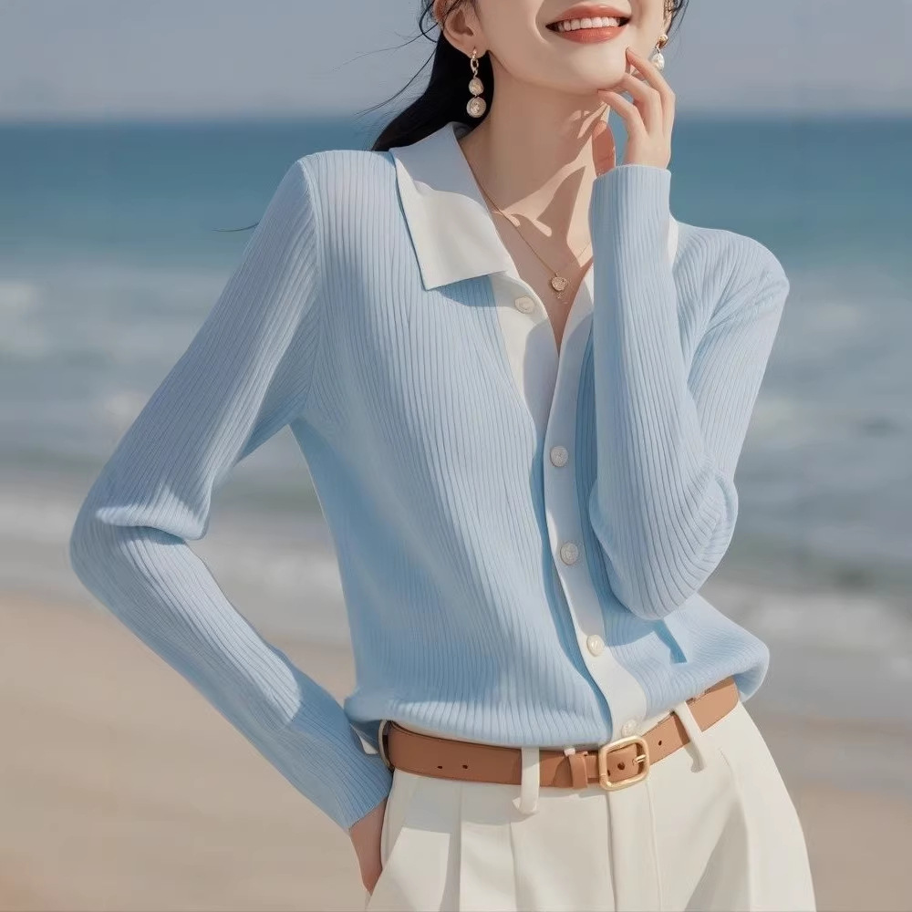 Áo cardigan nữ cổ lật kiểu Pháp, phong cách cao cấp, dệt kim mềm mại — Màu xanh da trời chi tiết 4