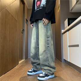 vintage做旧牛仔裤男秋季美式复古宽松阔腿拖地长裤oversize裤子