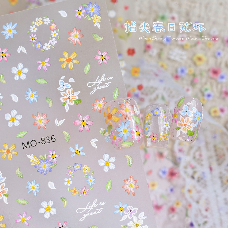 Spring and Summer Gorgeous and Colorful Wreath Embossed Nail Art Stickers Oil Painting Style Three-Dimensional Spring Flower Stickers Girl Nail Art Stickers